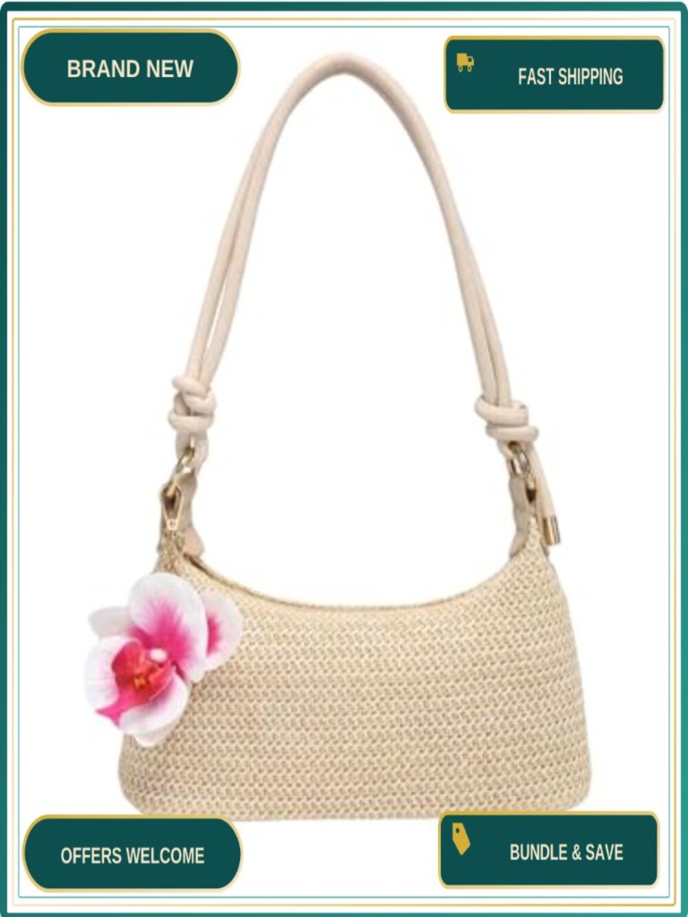 Straw Woven Shoulder Bag Summer Beach Purse Vacation Chain Strap